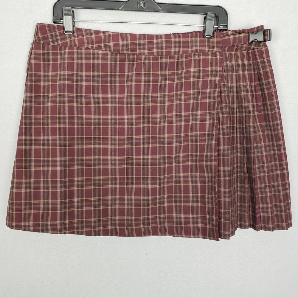 Wild Fable Pleated Mini Skirt Maroon Plaid Side Buckle Academia XXL